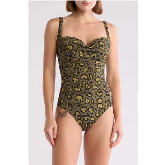 Betsey Johnson Ruched One-Piece Swimsuit, Fancy Leopard, size Medium - Picture 2 of 4